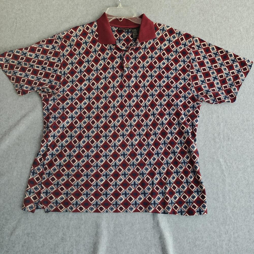 Vintage Jantzen Sport Polo Shirt Mens M Red Blue Argyle Diamond Fleur de Lis